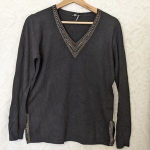 Black Fine Knit Rhinestone V Neck Sweater Top